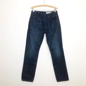 All Saints Spitalfields feels dark wash button fly straight leg jeans.